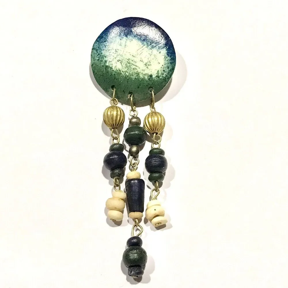 Vintage Boho Wood Beaded Resin Brooch Pin Gold Tone Blue Green Beige Artist Made